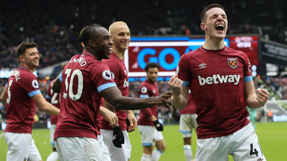 Declan Rice: The West Ham youngster celebrates his first goal for the club - a valuable winner against Arsenal