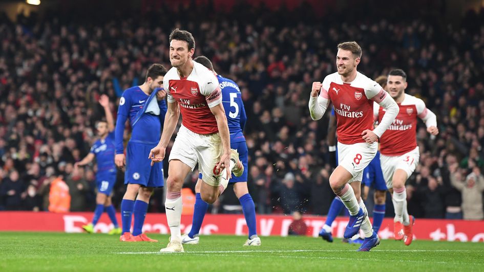 Laurent Koscielny celebrates his goal for Arsenal against Chelsea