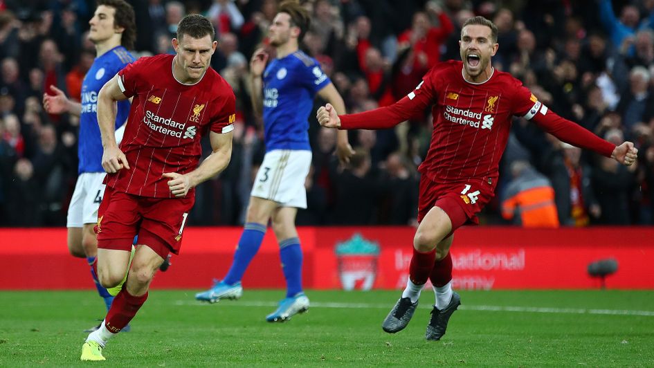 James Milner celebrates his goal against Leicester