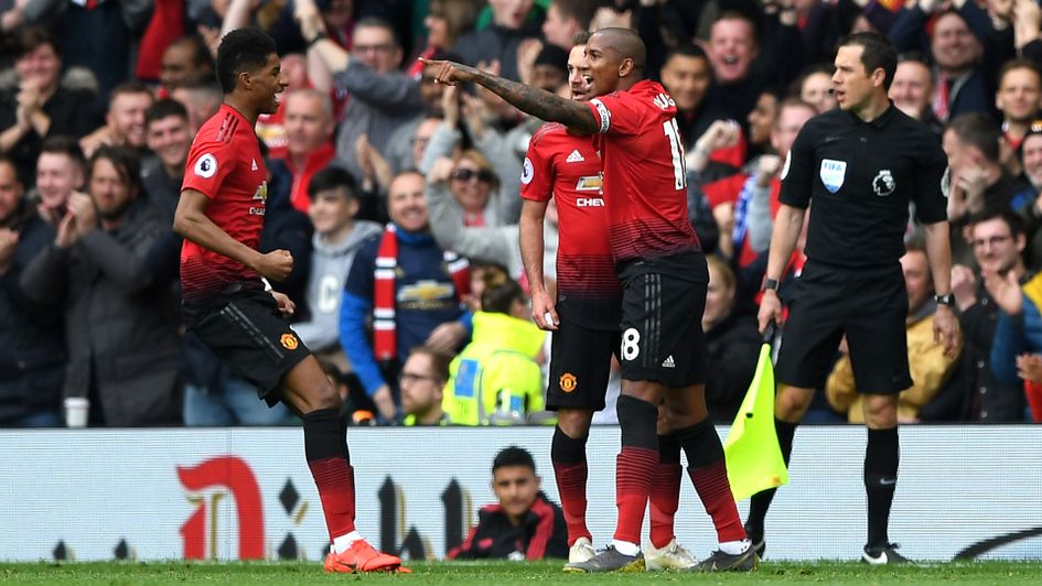 Celebrations after Juan Mata gives Manchester United the lead against Chelsea