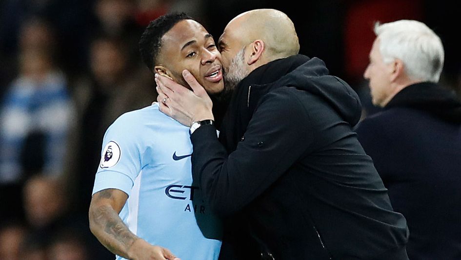 Pep Guardiola (right) congratulates Man City's hat-trick hero Raheem Sterling