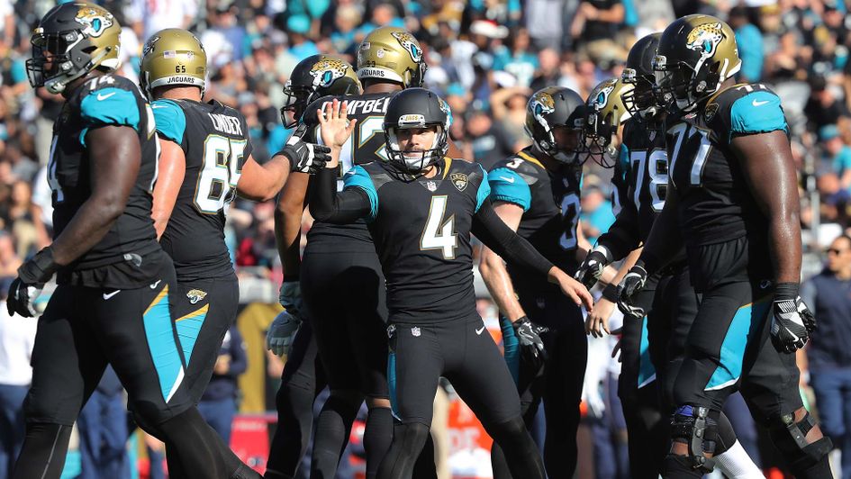 Kicker Josh Lambo celebrates for the Jacksonville Jaguars