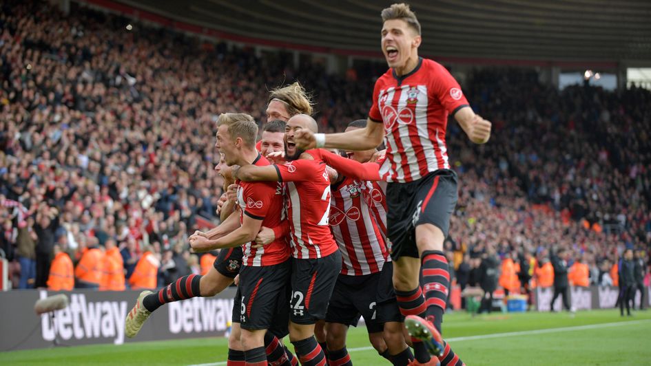 Southampton players celebrate James Ward-Prowse's goal against Spurs