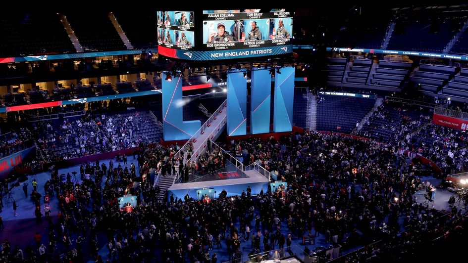 Super Bowl Opening Night with the Patriots and Rams facing the media