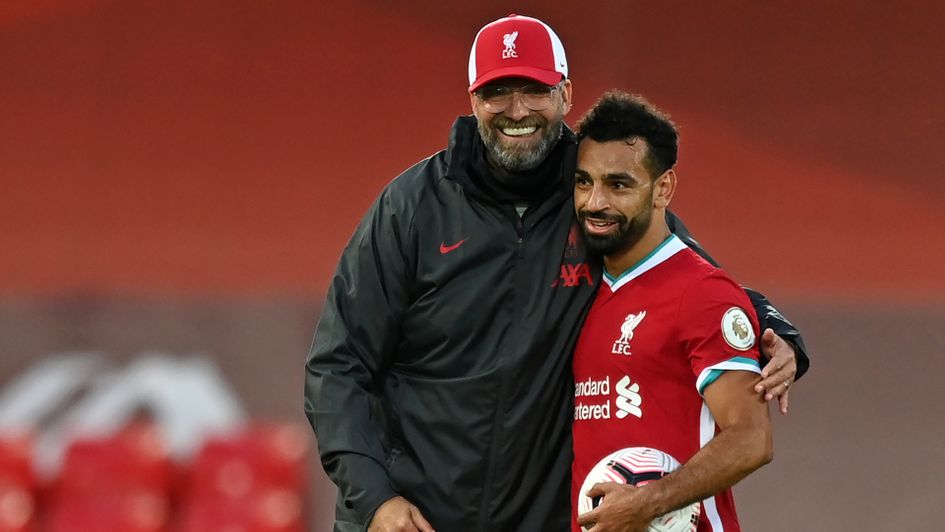 Jurgen Klopp with Mohamed Salah after Liverpool's win over Leeds