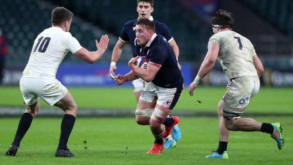 Scotland's Matt Fagerson (centre) under pressure from England's Owen Farrell (left) and Tom Curry