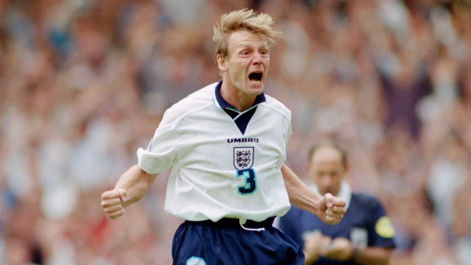 Stuart Pearce celebrates scoring a penalty against Spain