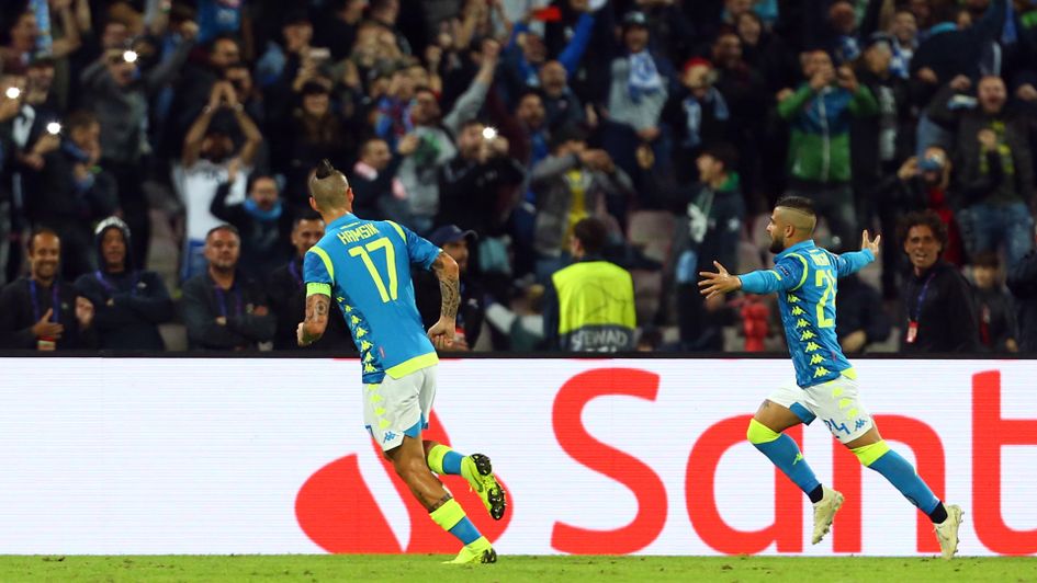 Lorenzo Insigne celebrates his goal for Napoli against PSG in the Champions League