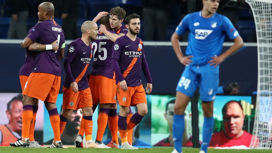 Manchester City celebrate after scoring against Hoffenheim