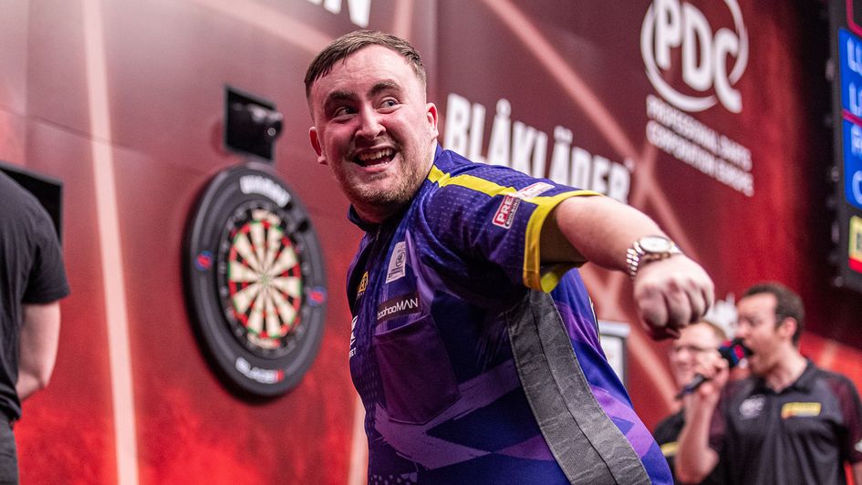 Luke Littler celebrates his nine-dart finish (Picture: Jonas Hunold/PDC Europe)
