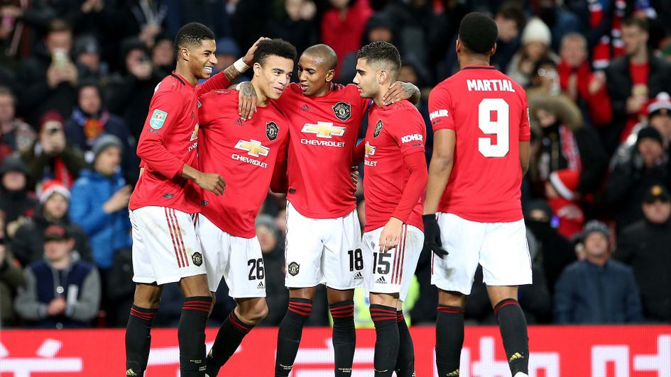 Manchester United celebrates beating Colchester in the Carabao Cup