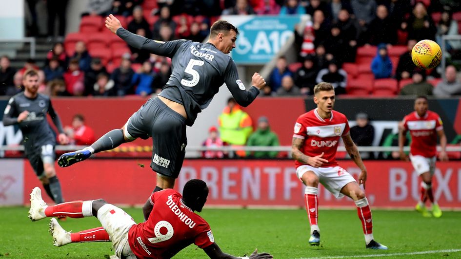 Jake Cooper has an attempt on goal against Bristol City