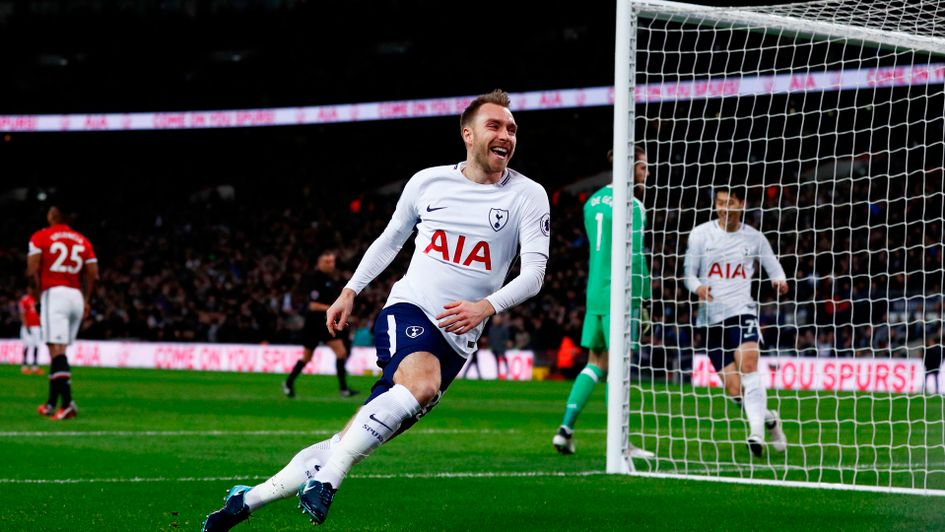 Christian Eriksen celebrates his early goal for Tottenham against Manchester United