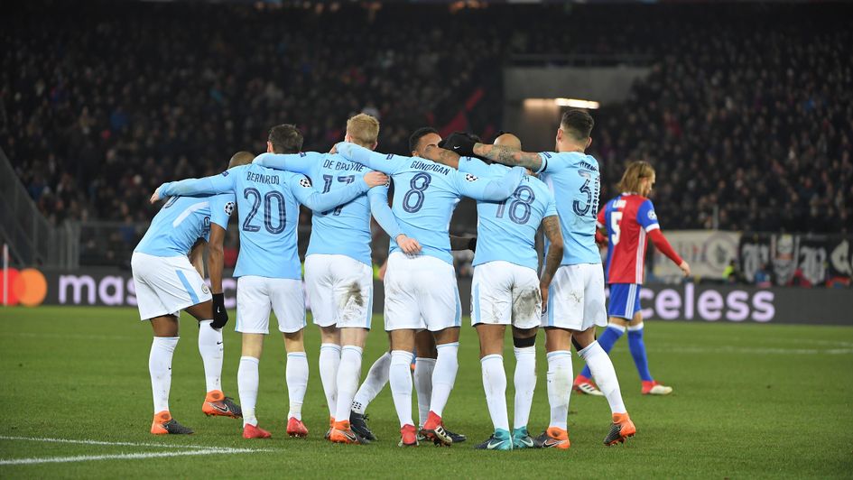 Manchester City players celebrate after scoring v FC Basel