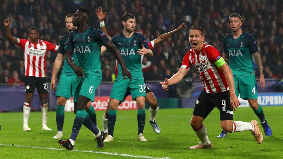 PSV's Luuk de Jong celebrates his equaliser v Tottenham