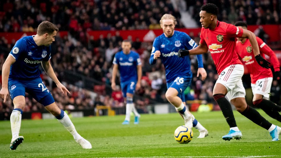 Anthony Martial looks to beat the Everton defence
