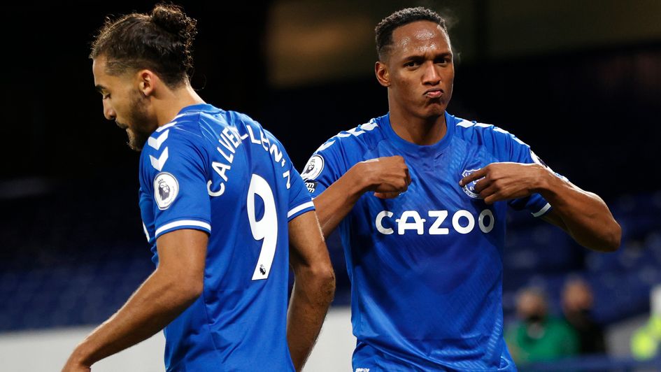 Yerry Mina celebrates his winner against Arsenal