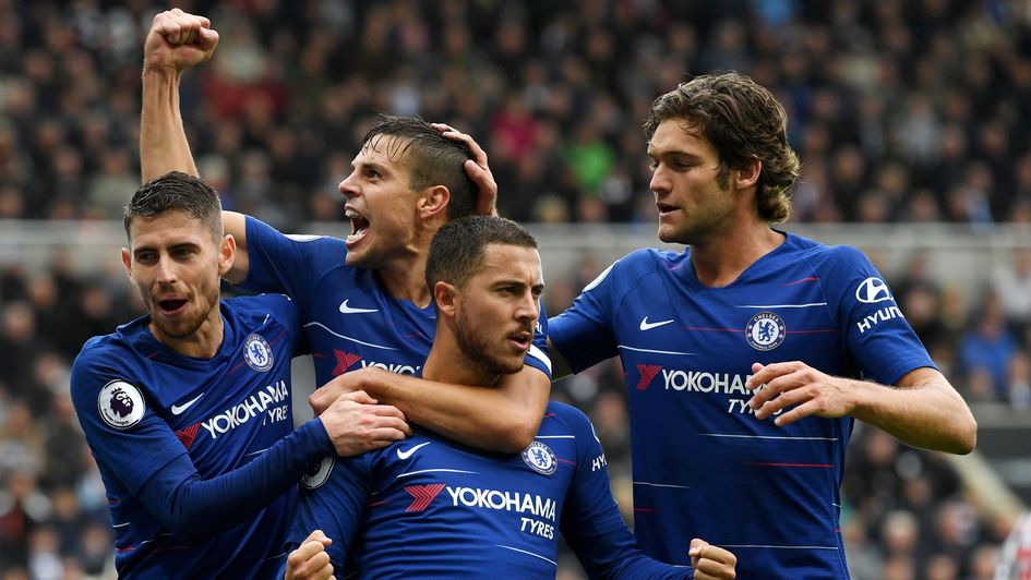 Chelsea players celebrate Eden Hazard's penalty at Newcastle