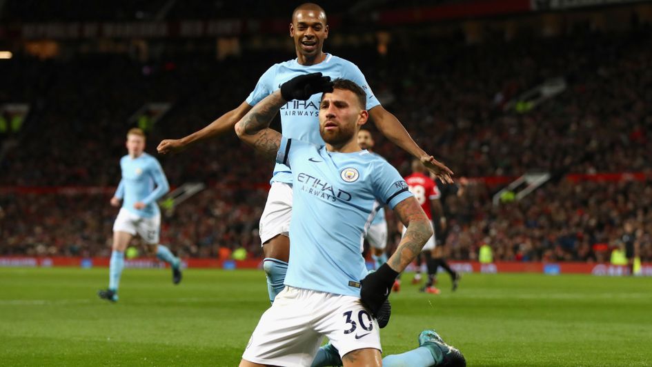 Nicolas Otamendi celebrates City's winner at Old Trafford