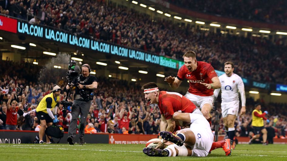 Wales' Josh Adams scores the winning try