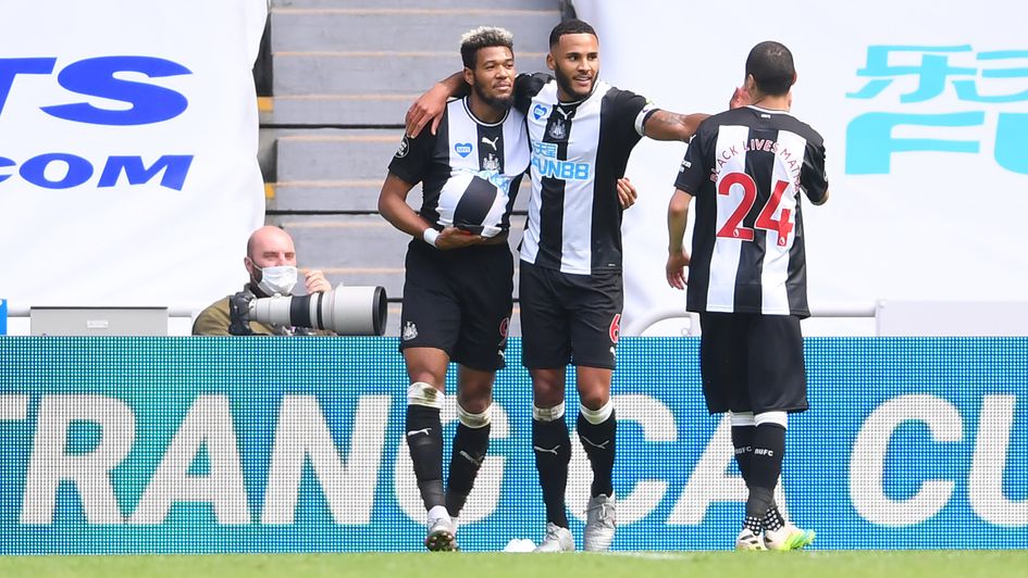 Newcastle striker Joelinton (left) celebrates scoring against Sheffield United