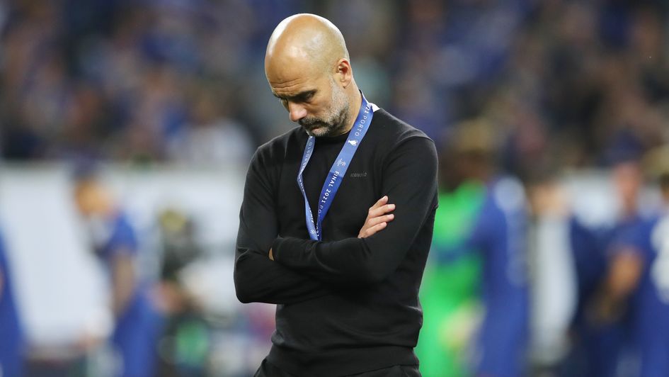 Pep Guardiola, Manager of Manchester City looks dejected after the UEFA Champions League Final