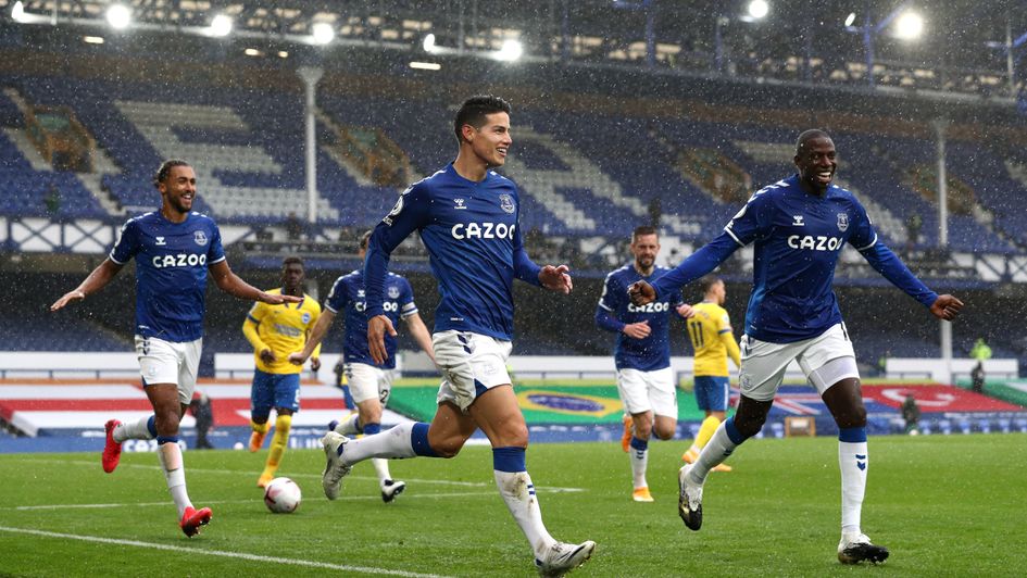 James Rodriguez celebrates scoring for Everton against Brighton at Goodison Park