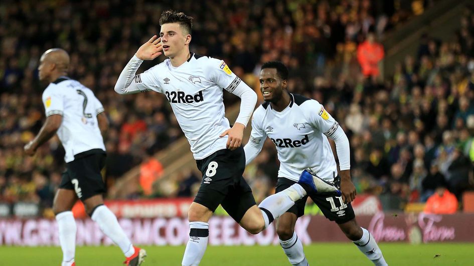 Mason Mount celebrates scoring for Derby County