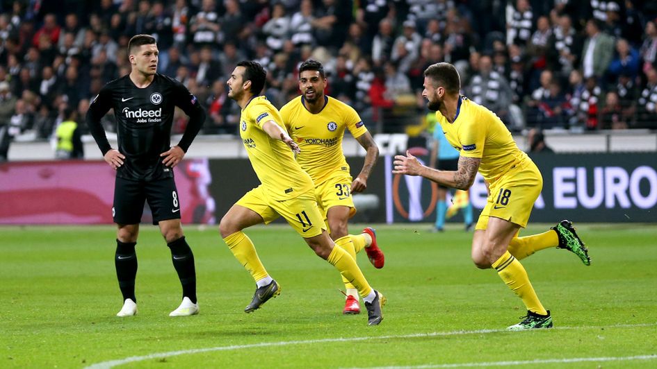 Pedro celebrates for Chelsea in Germany