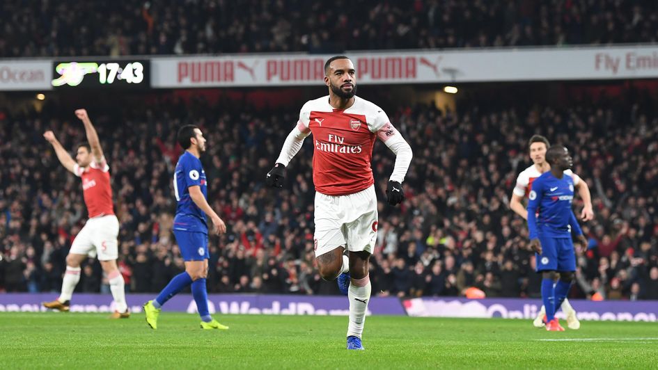 Alexandre Lacazette celebrates his goal for Arsenal against Chelsea
