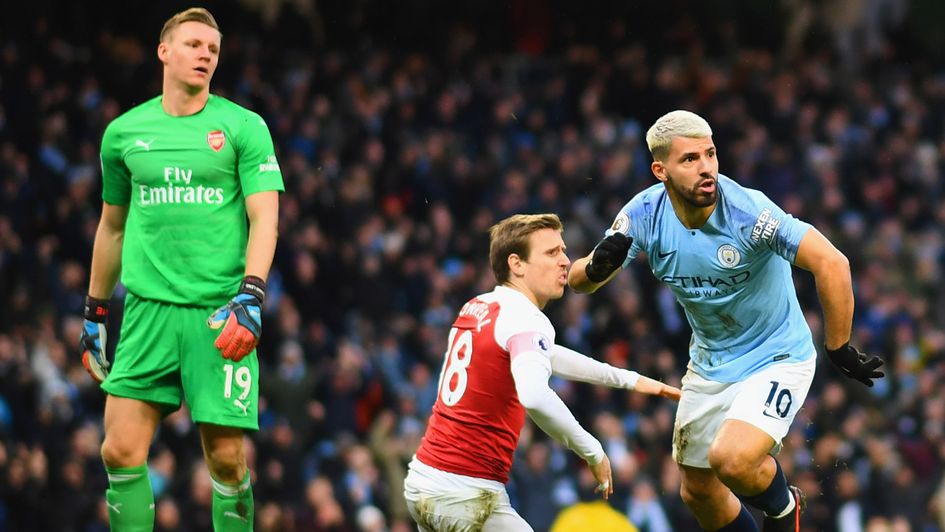 Celebrations for Manchester City's Sergio Aguero after his early goal against Arsenal