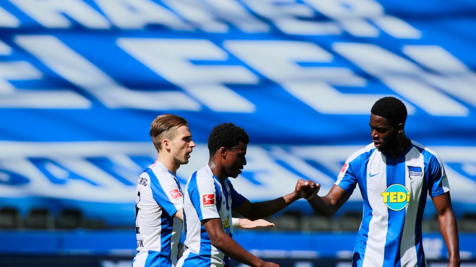 Hertha Berlin celebrate  Javairo Dilrosun's goal v Augsburg