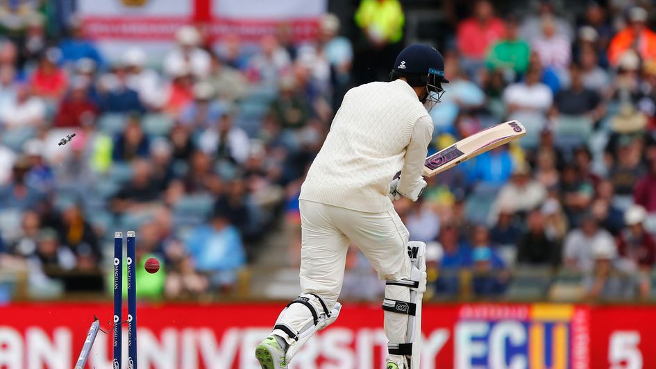 James Vince falls to an unplayable Mitchell Starc delivery