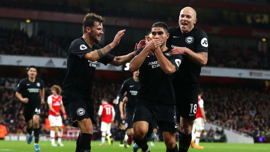 Neal Maupay of Brighton scores against Arsenal