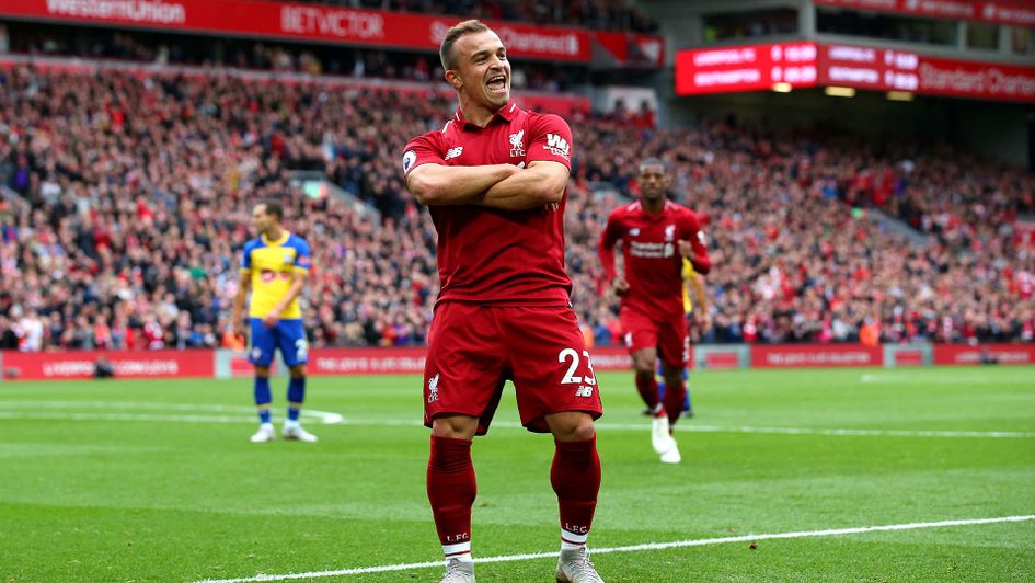Liverpool man Xherdan Shaqiri celebrates against Southampton at Anfield