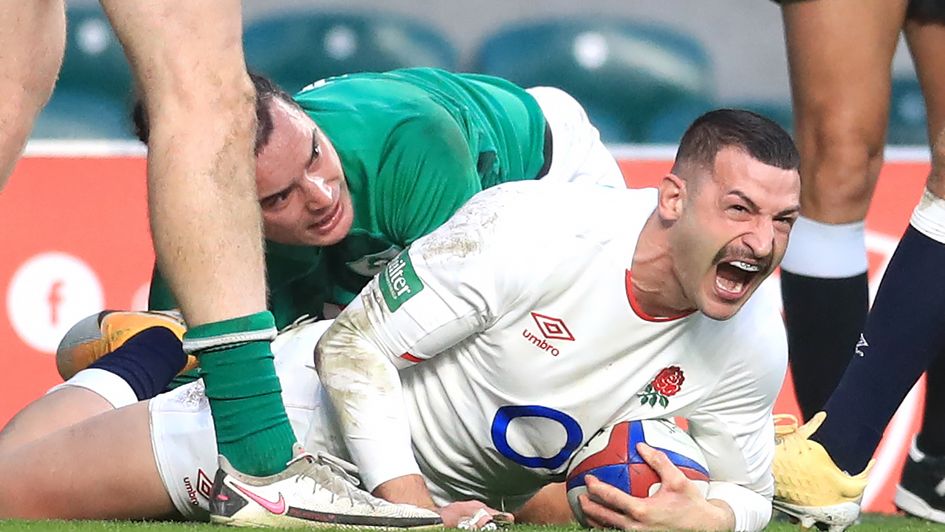 Jonny May celebrates after crossing for England