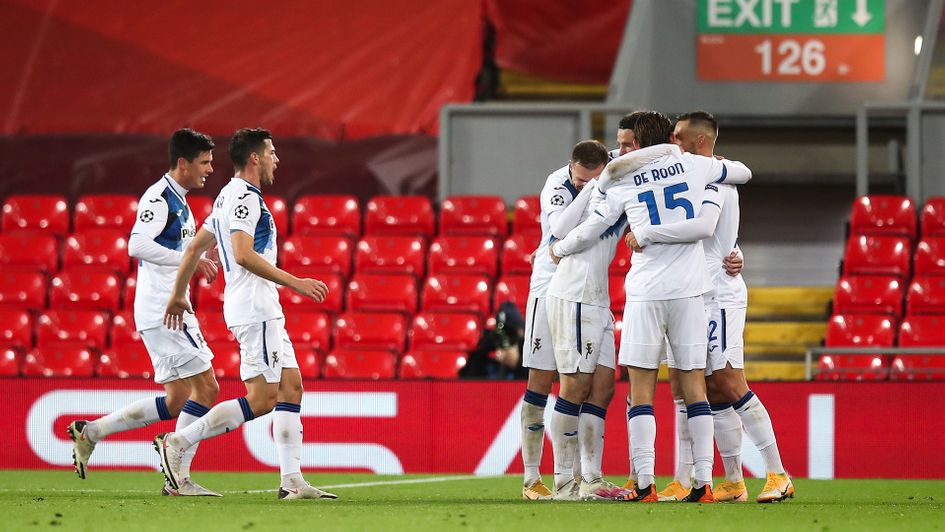 Atalanta celebrate Robin Gosens' goal against Liverpool