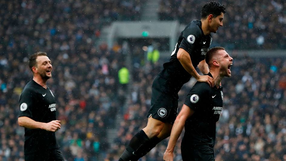 Brighton's Adam Webster celebrates his goal against Tottenham