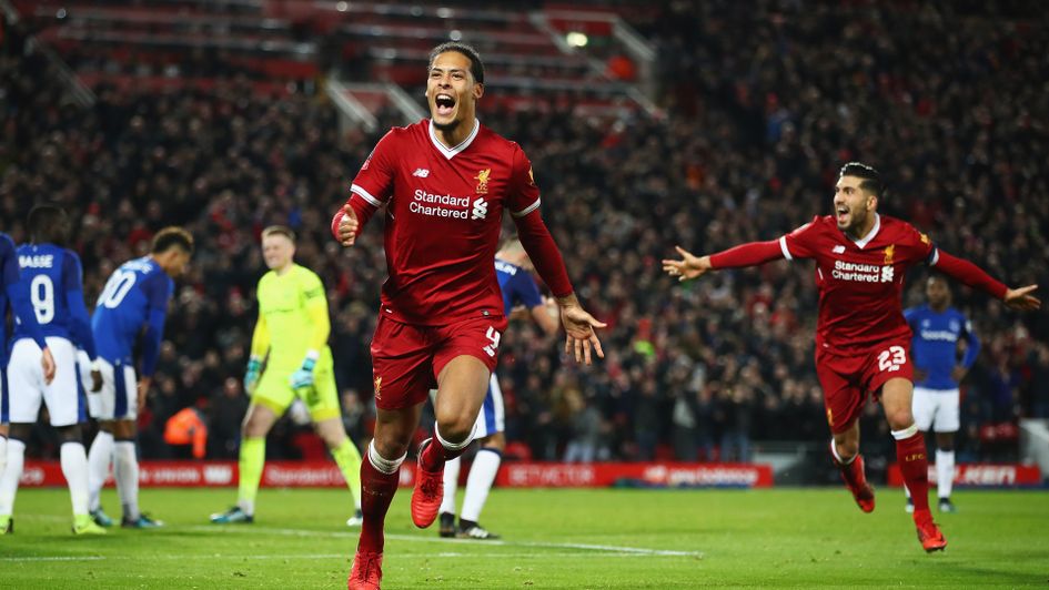 Virgil van Dijk celebrates his late winner against Everton