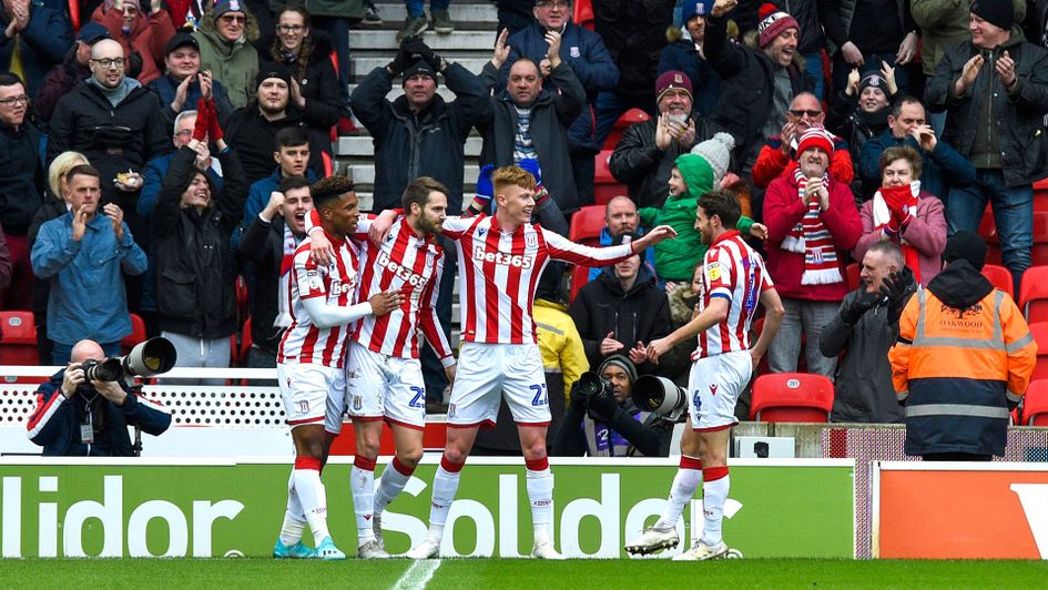 Stoke celebrate Nick Powell's goal against Hull