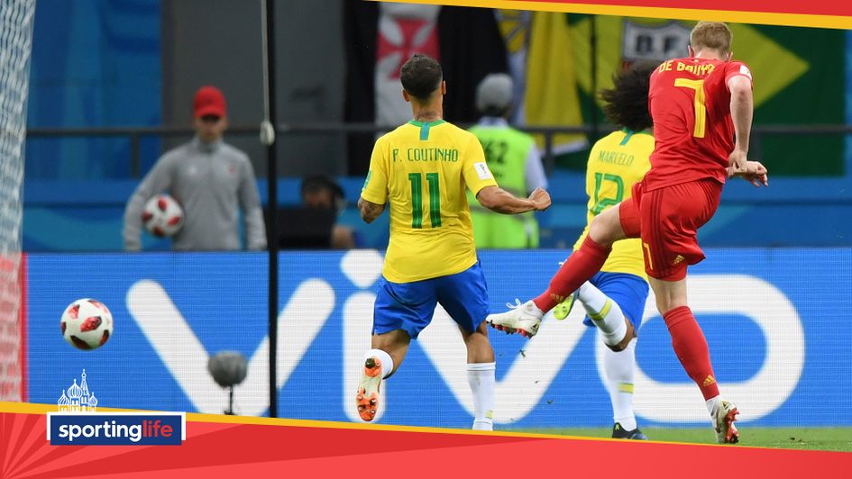 Kevin De Bruyne drills his shot into the bottom corner against Brazil