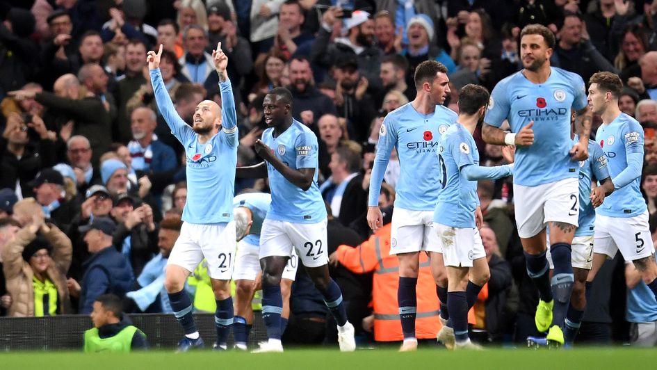 David Silva celebrates after giving Manchester City the lead against Manchester United