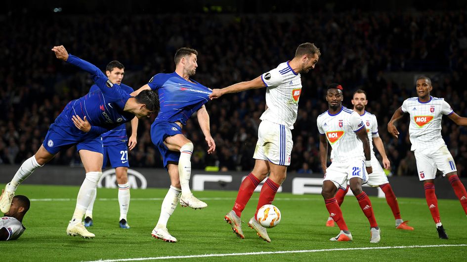 Gary Cahill looks to win the ball from a corner against MOL Vidi