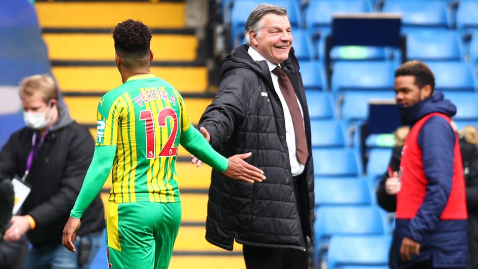 Sam Allardyce celebrates West Brom's win at Chelsea with Matheus Pereira