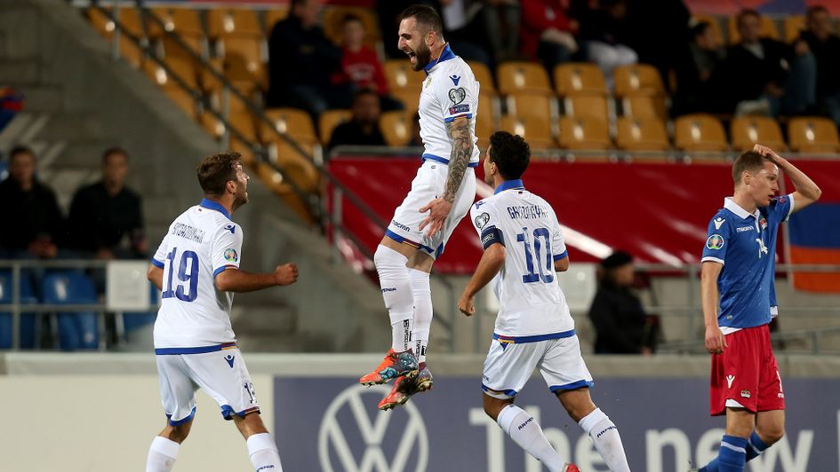 Tigran Barseghyan celebrates his goal against Liechtenstein