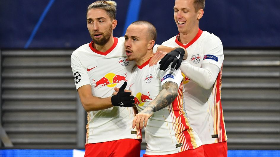 RB Leipzig's Angelino celebrates his goal against Man Utd