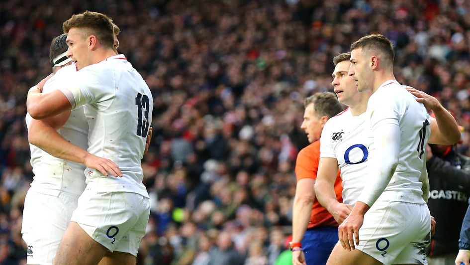 England celebrate Jonny May's try