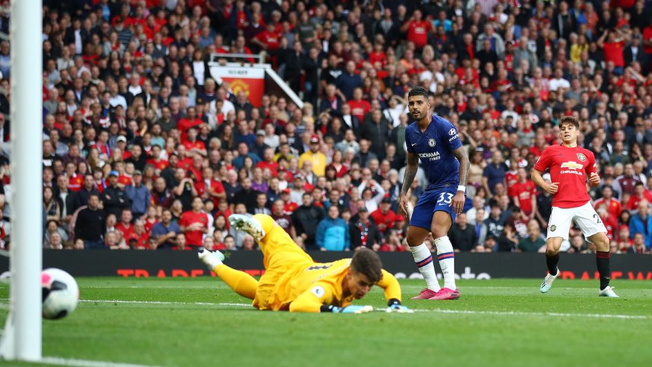 Daniel James beats Kepa Arrizabalaga to score for Manchester United