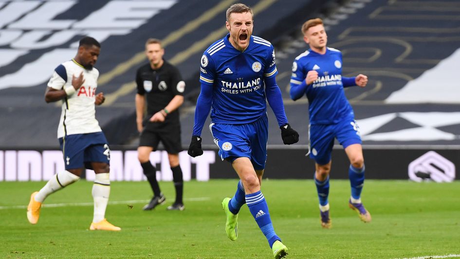 Jamie Vardy celebrates his goal against Tottenham