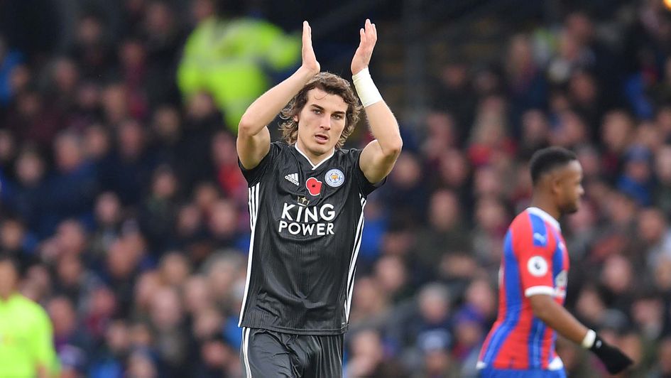 Leicester defender Caglar Soyuncu celebrates scoring at Crystal Palace